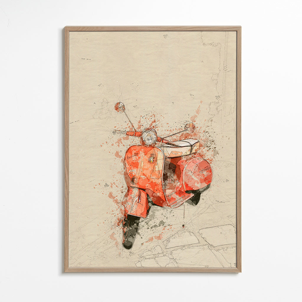 Ilustrace Červená Vespa na texturovaném pozadí – Oak Frame