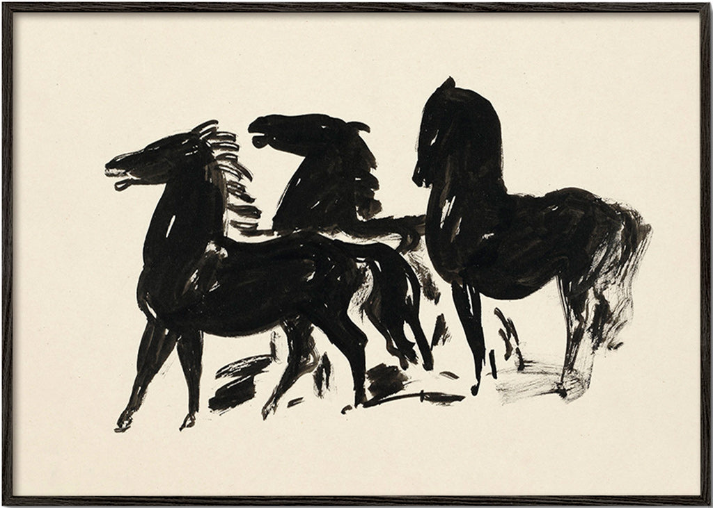 Tři koně: gestická kresba inkoustem – Black Frame