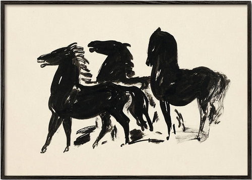 Tři koně: gestická kresba inkoustem – Black Frame
