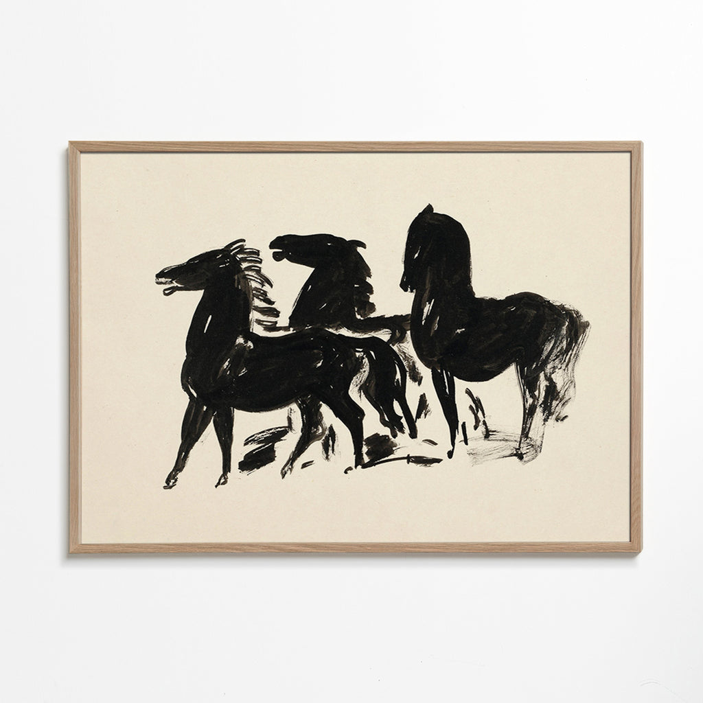 Tři koně: gestická kresba inkoustem – Oak Frame