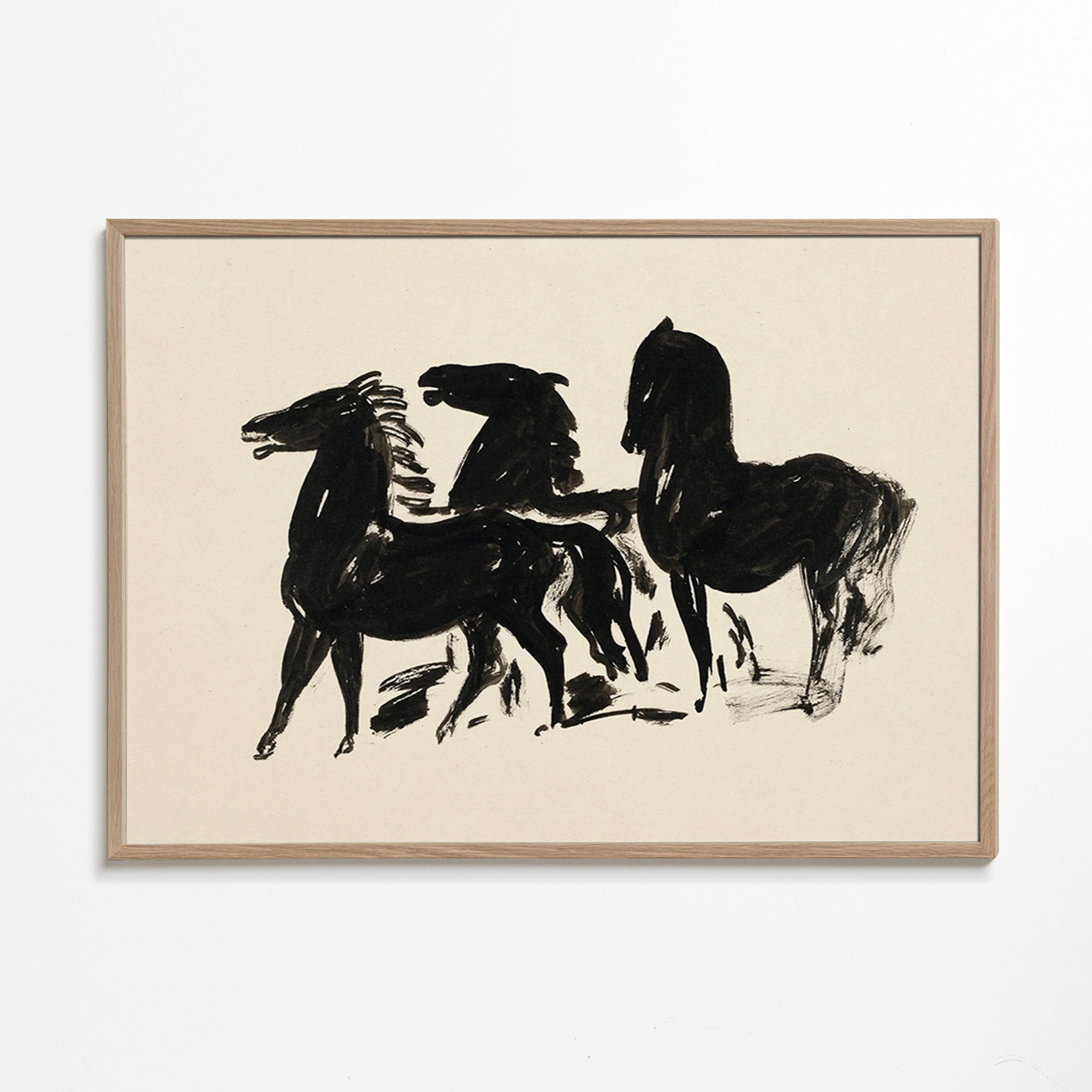 Tři koně: gestická kresba inkoustem – Oak Frame