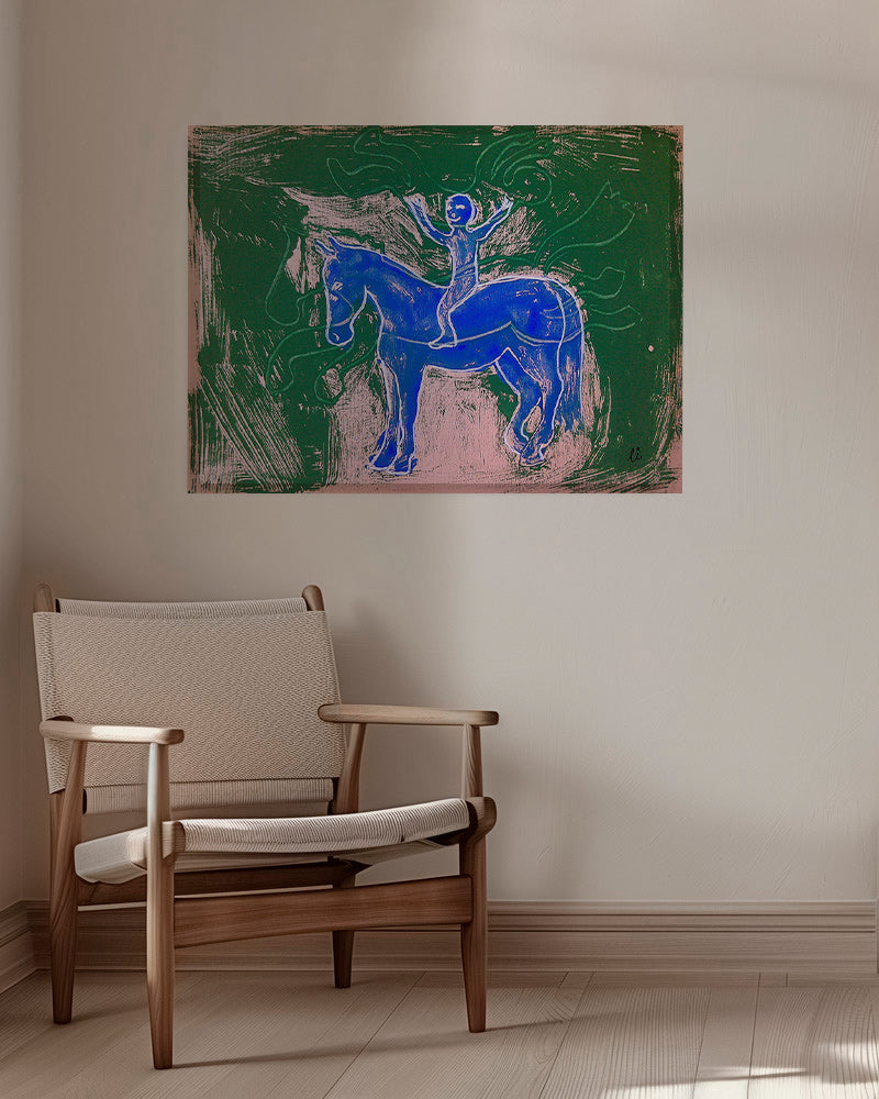 Obraz modrý kůň s jezdcem – Canvas