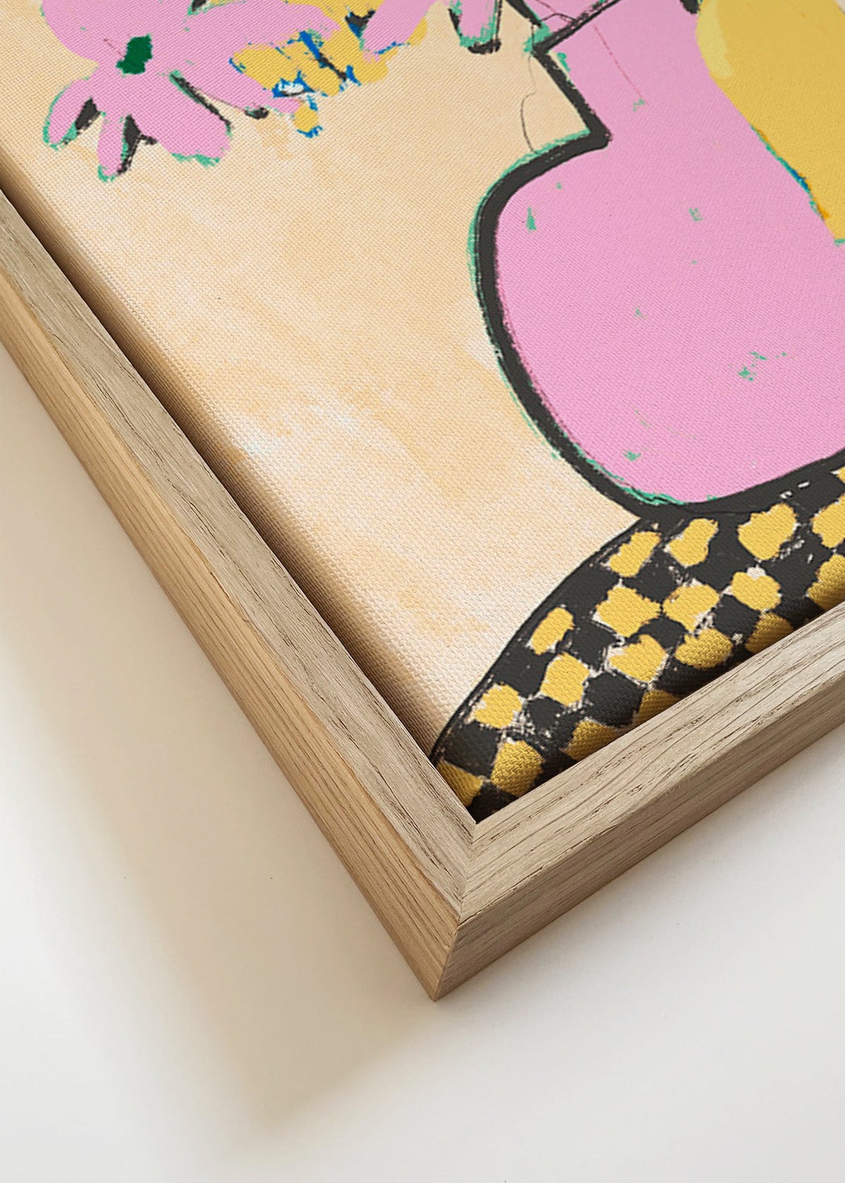 Botanický plakát s růžovou vázou a květinami – Canvas detail