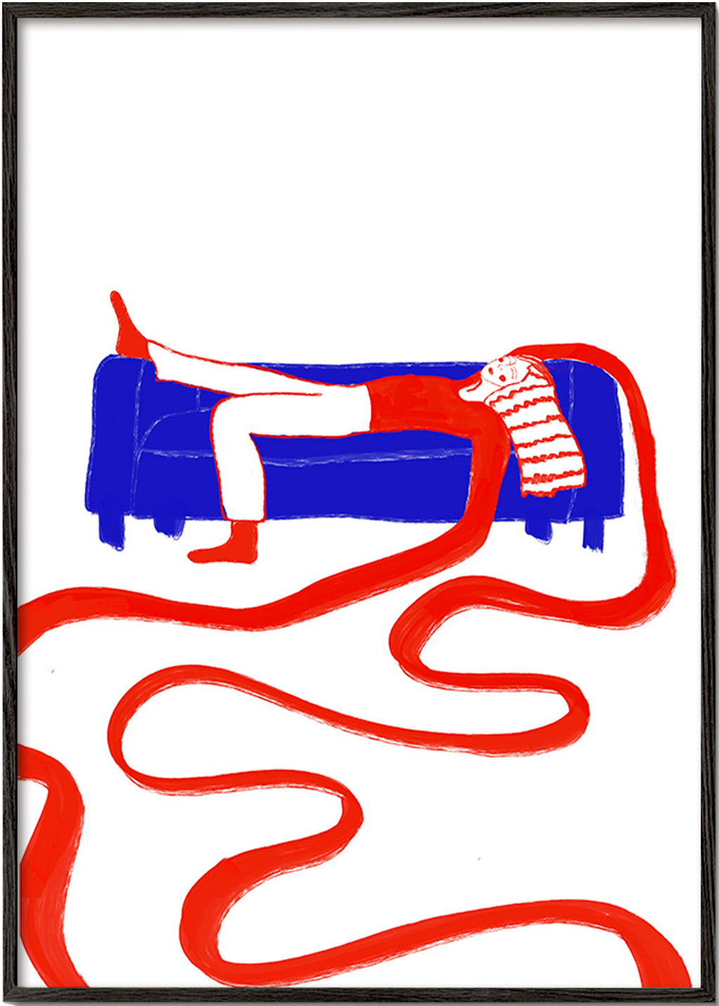 Ilustrace postavy odpočívající na pohovce – Black Frame