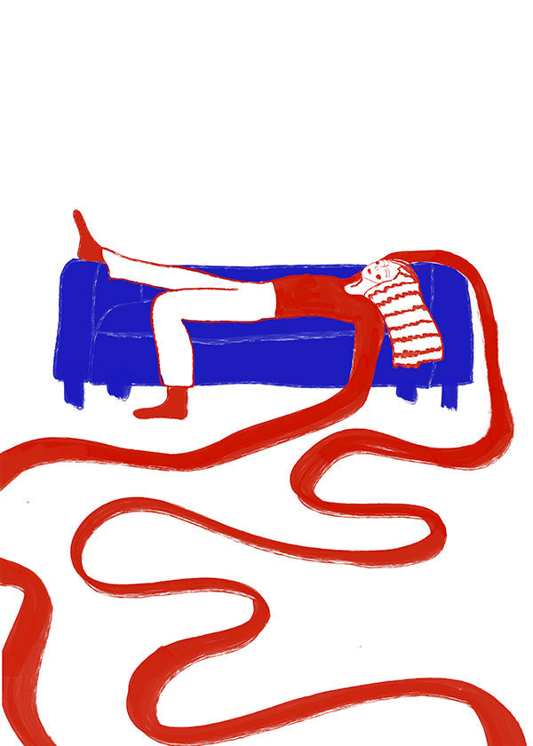 Ilustrace postavy odpočívající na pohovce