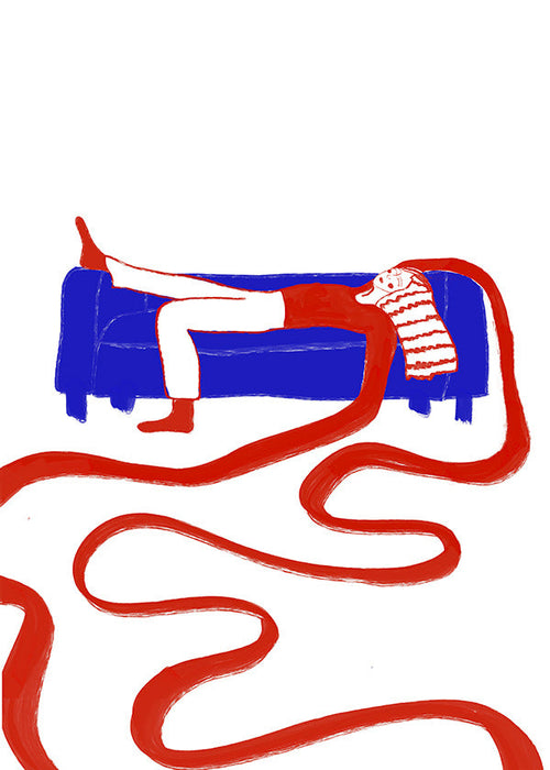 Ilustrace postavy odpočívající na pohovce