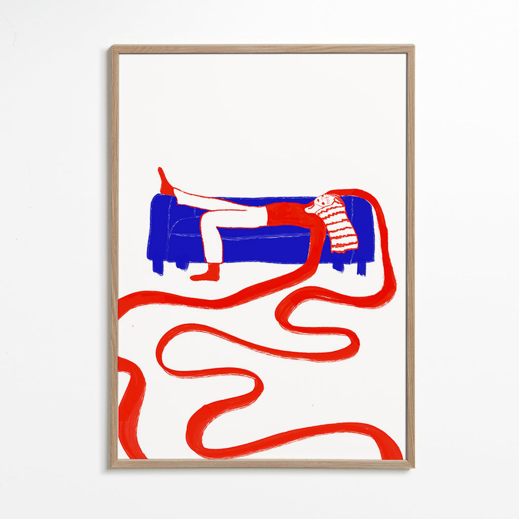 Ilustrace postavy odpočívající na pohovce – Oak Frame