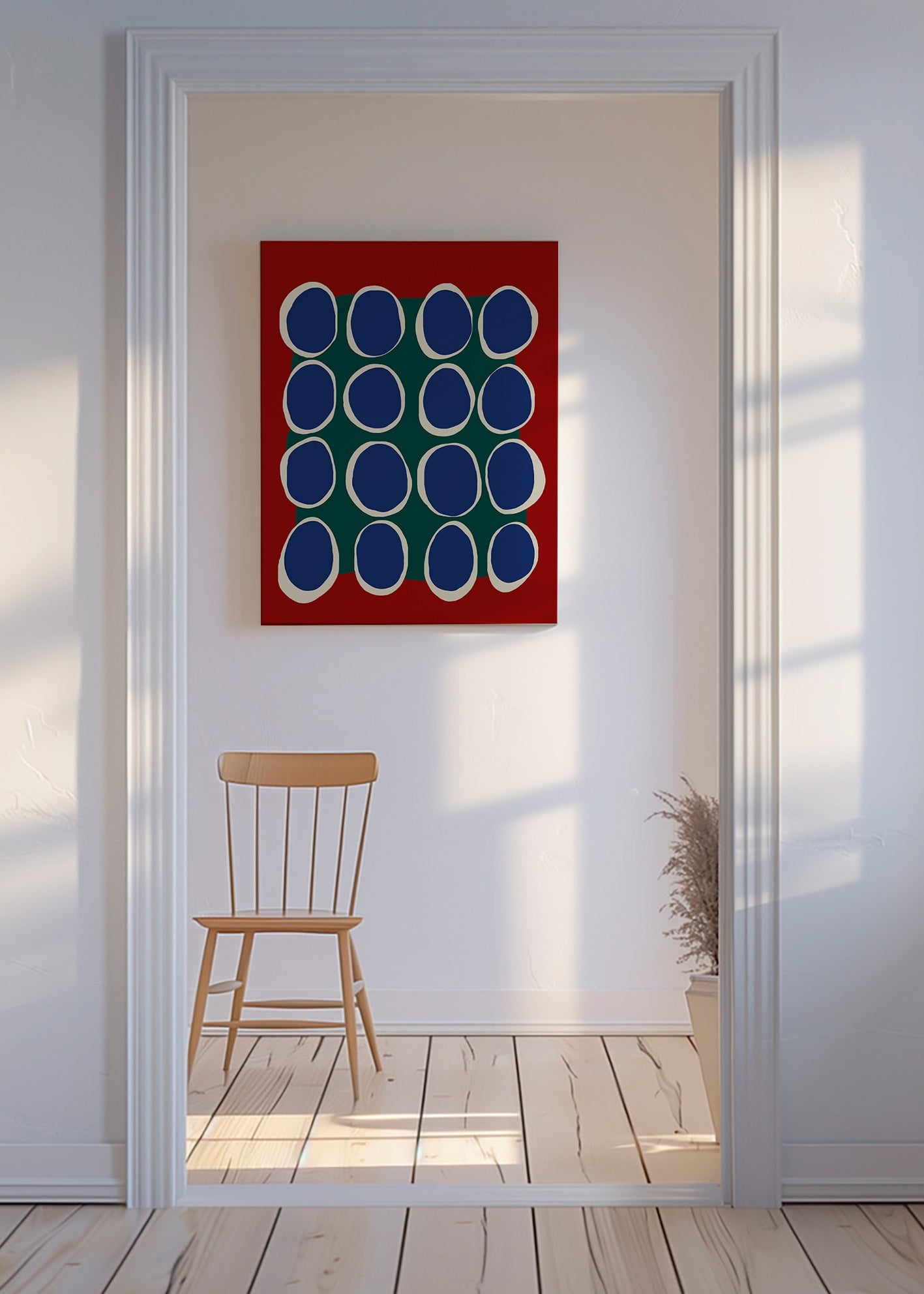 Geometrický obraz s modrými ovály a zeleným polem – Canvas