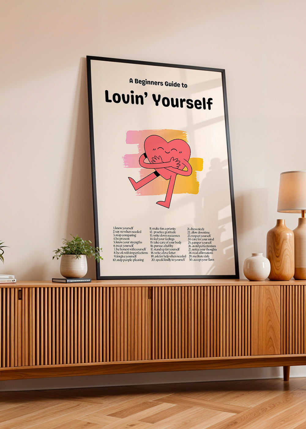 Ilustrace: Srdce objímající sebe na jemném pastelovém pozadí – Product1