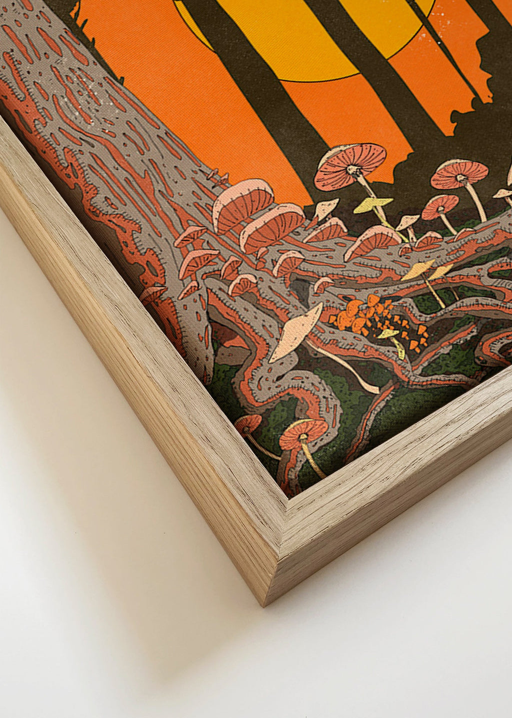 Ilustrace lesa při západu slunce s houbami – Canvas detail