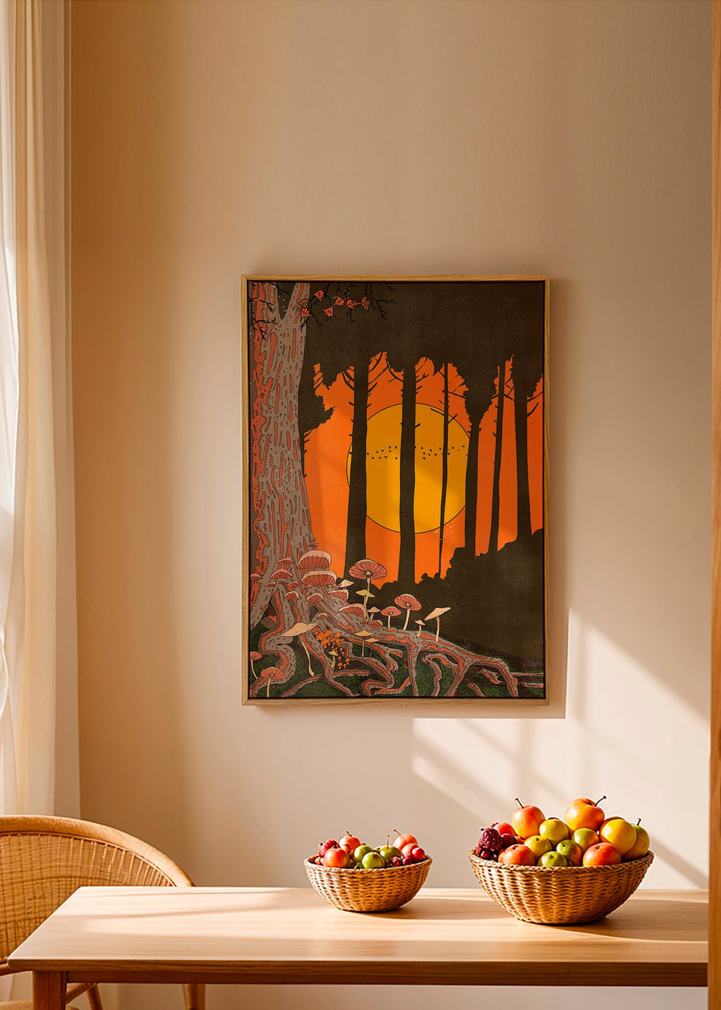 Ilustrace lesa při západu slunce s houbami – Canvas1