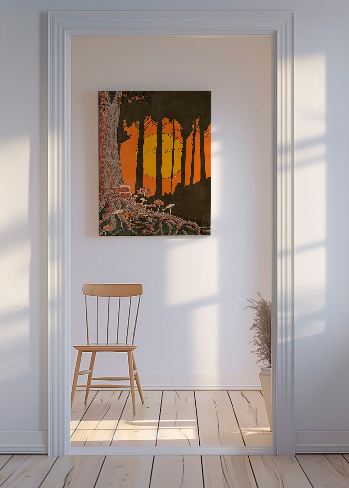 Ilustrace lesa při západu slunce s houbami – Canvas