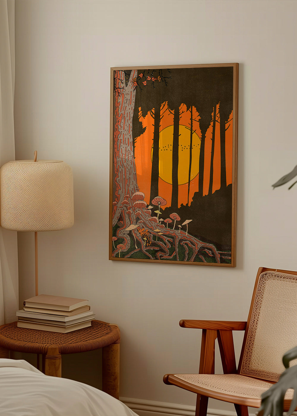 Ilustrace lesa při západu slunce s houbami – Product2