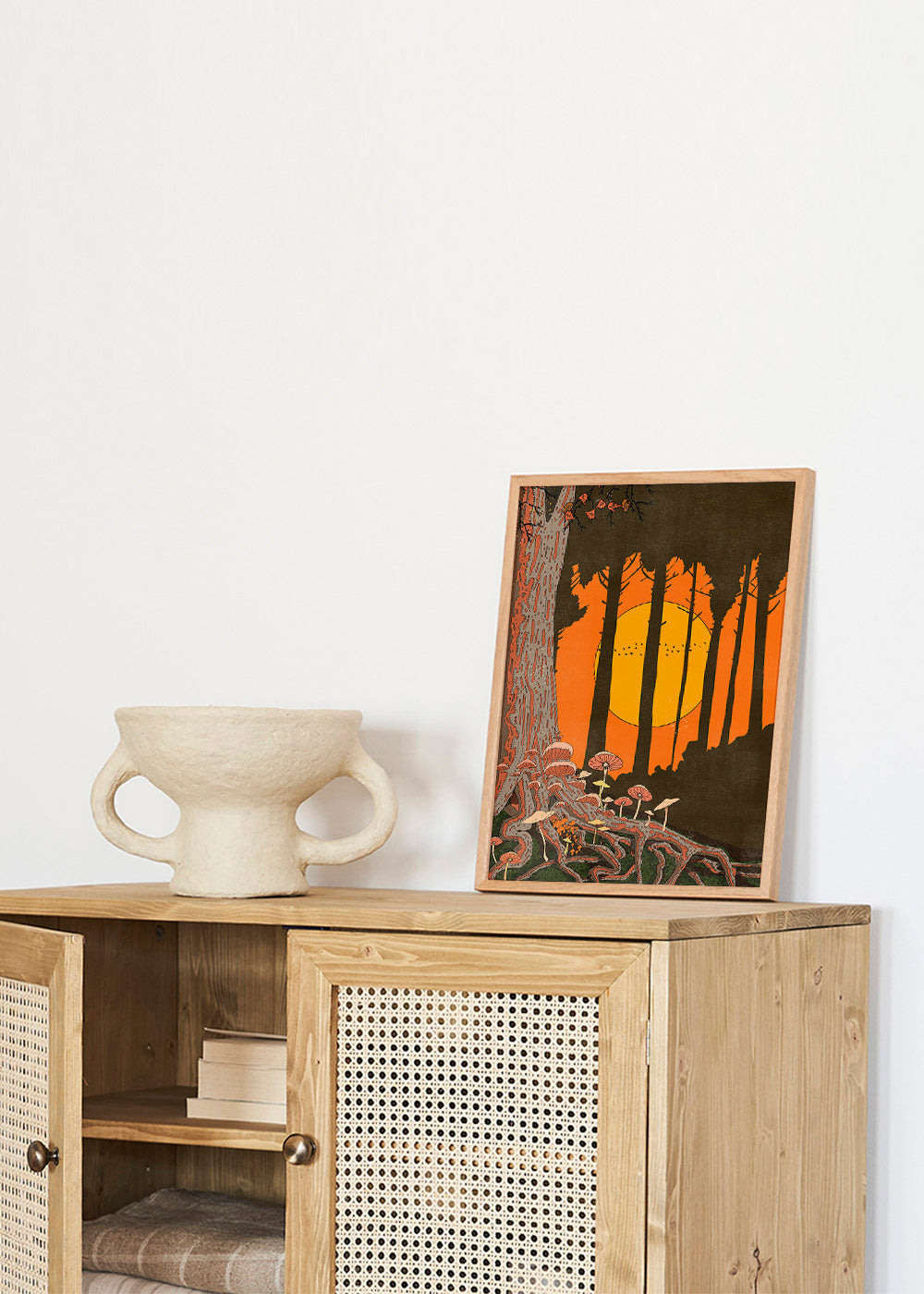 Ilustrace lesa při západu slunce s houbami – Product3