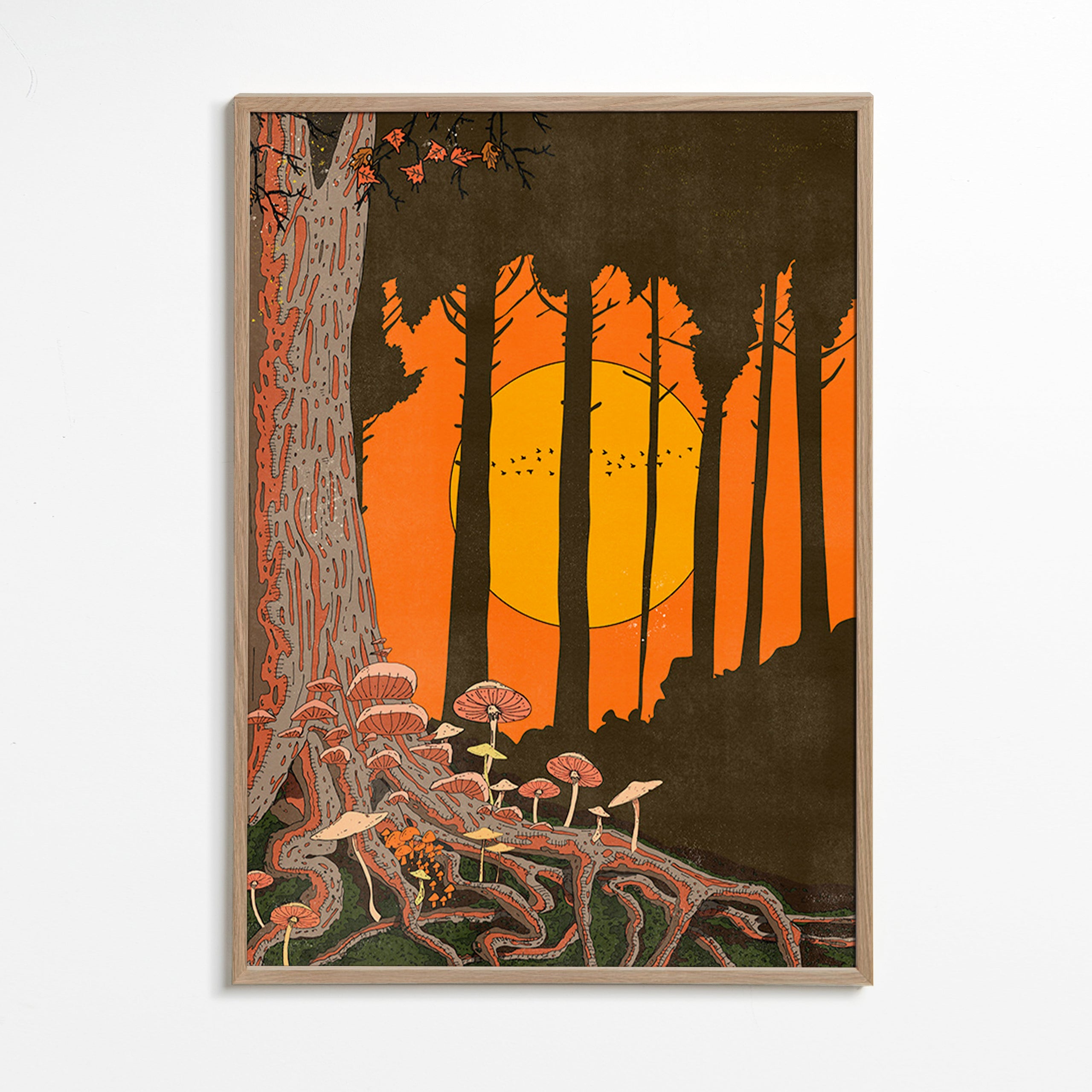 Ilustrace lesa při západu slunce s houbami – Oak Frame