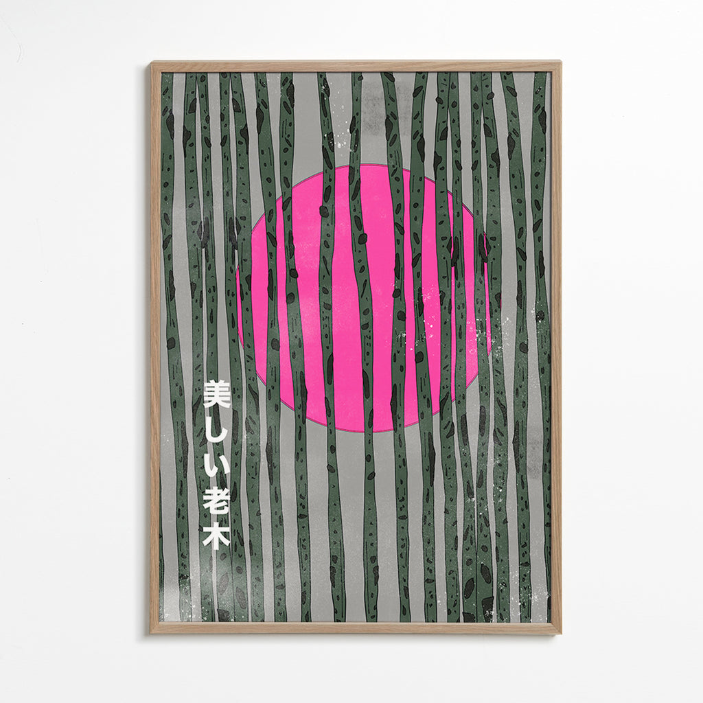 Botanický plakát růžový bambusový les – Oak Frame
