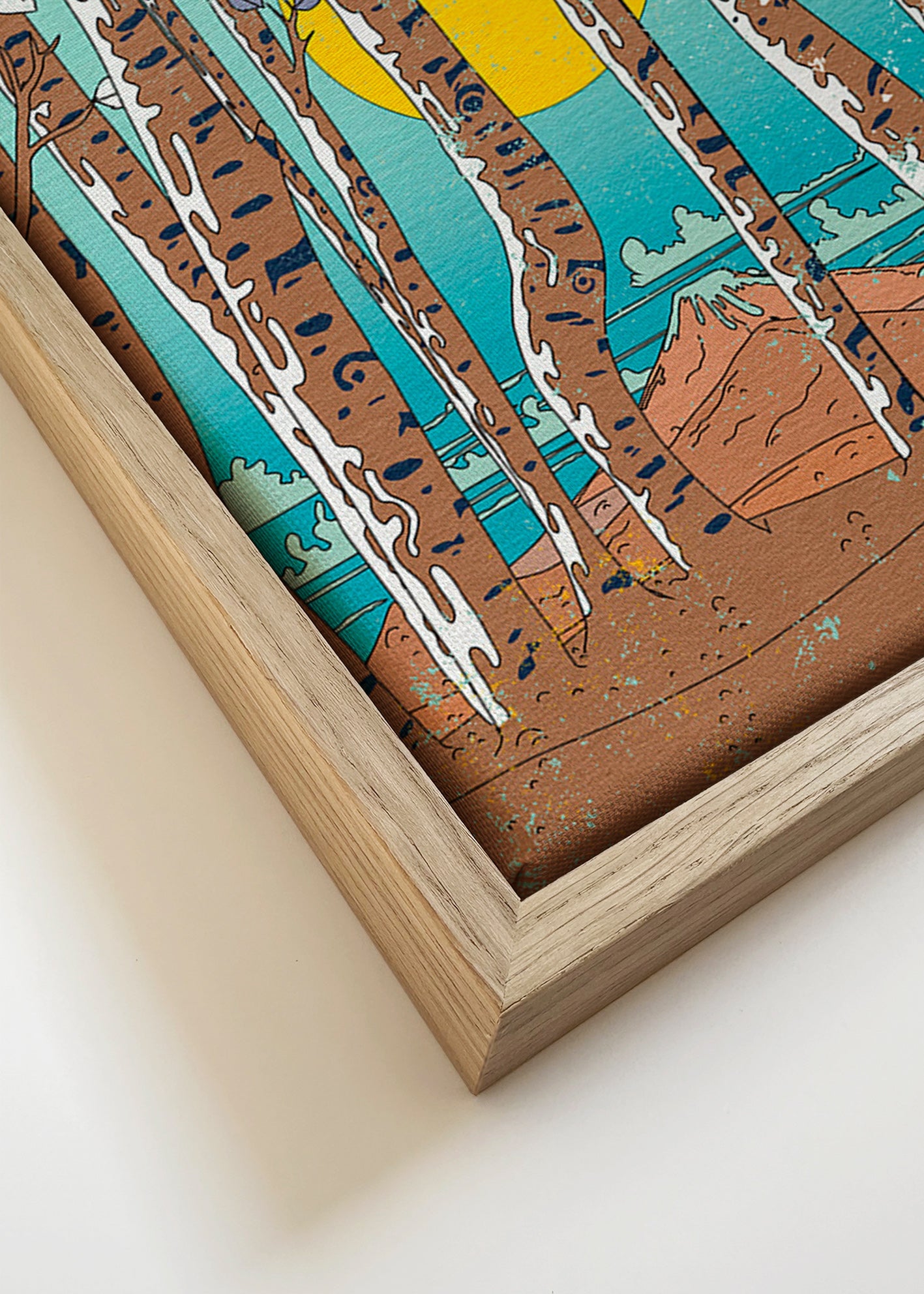 Krajinářské umění s japonskými břízami a žlutým sluncem – Canvas detail