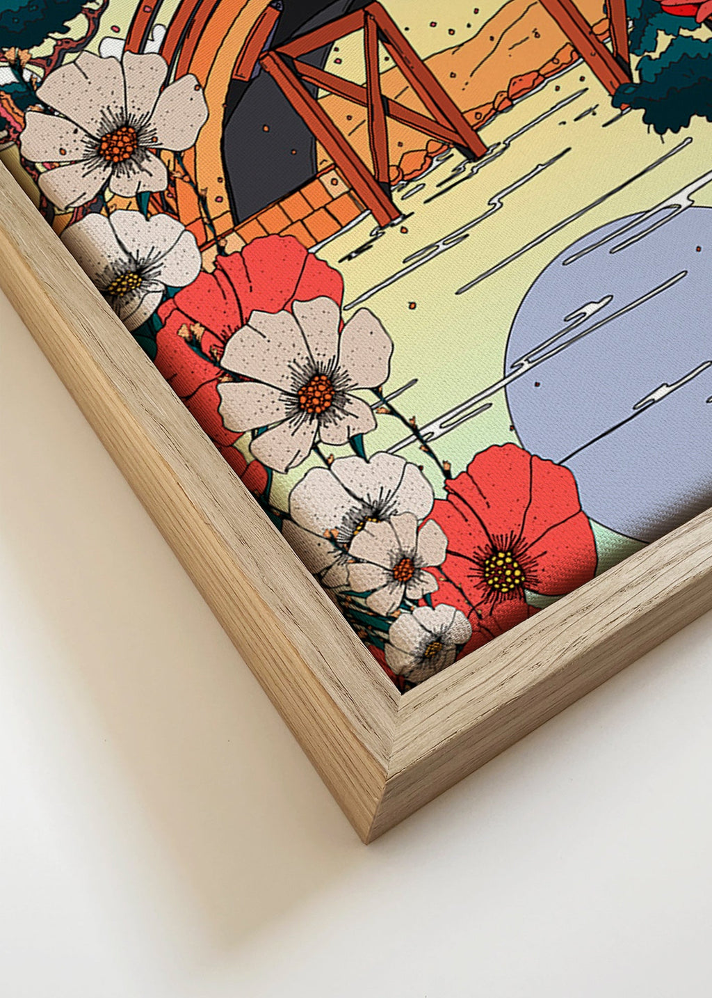 Japonská krajina s mostem a květinami – Canvas detail