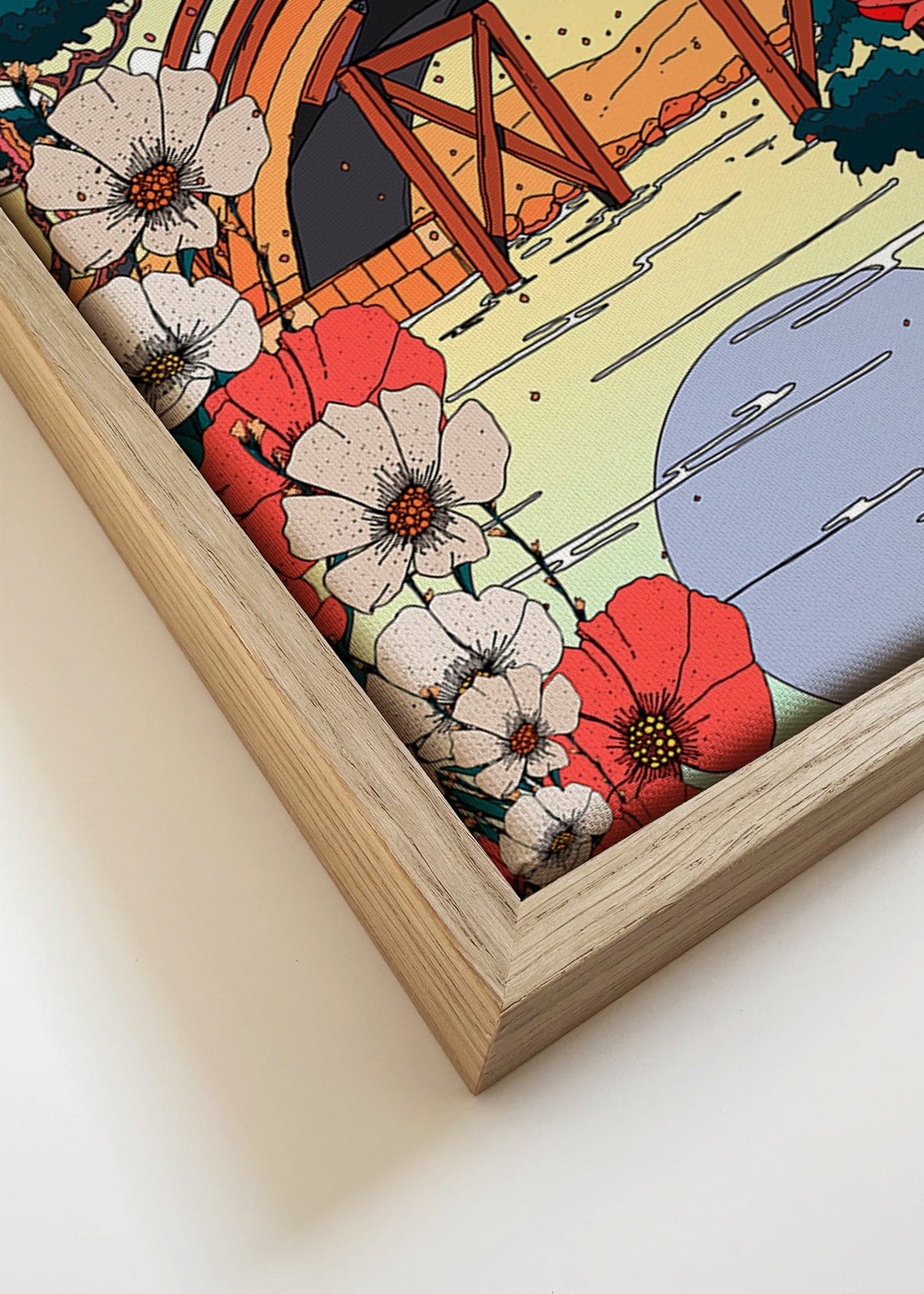 Japonská krajina s mostem a květinami – Canvas detail