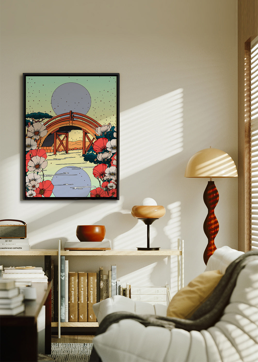 Japonská krajina s mostem a květinami – Canvas1
