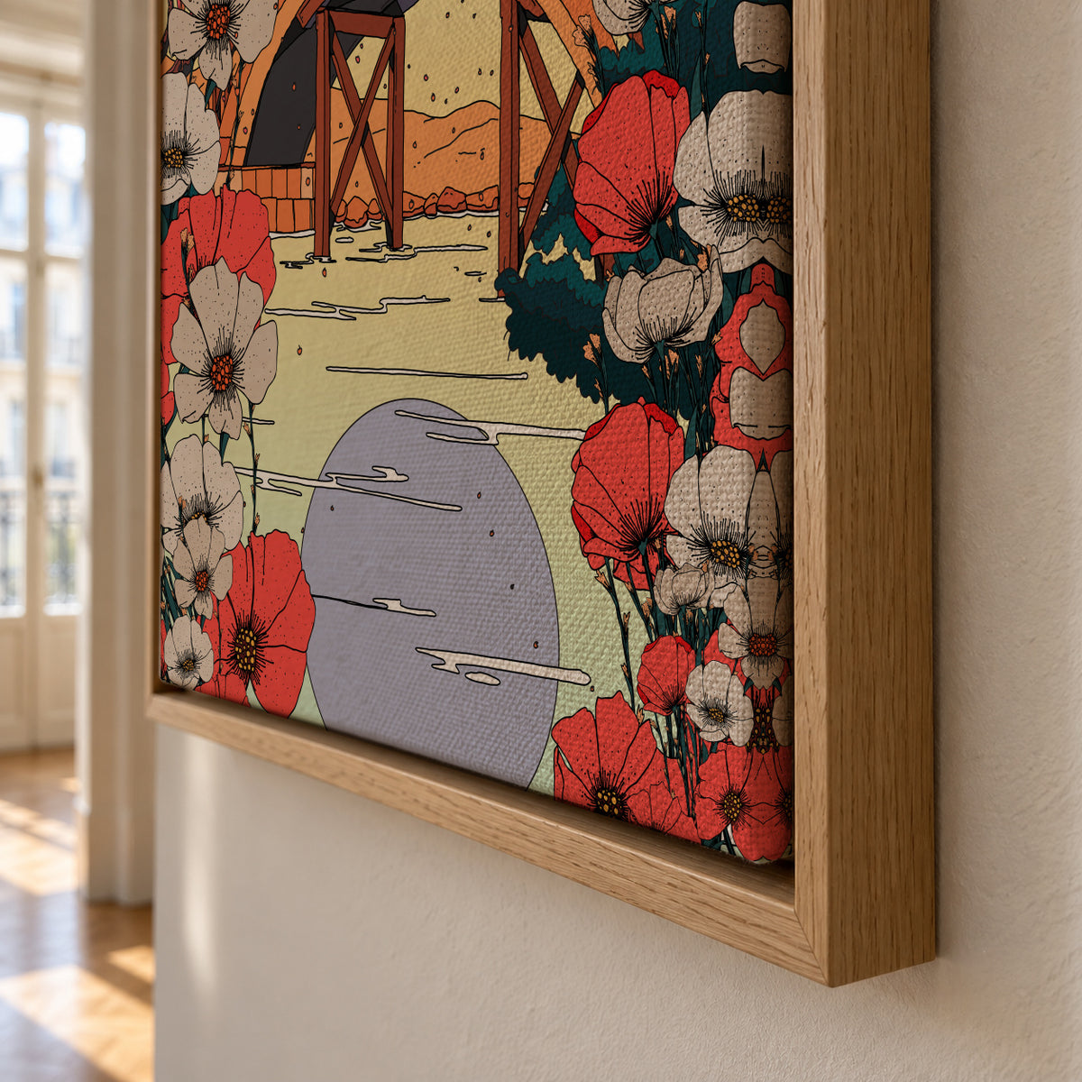 Japanese Bridge Landscape - Framed canvas detail