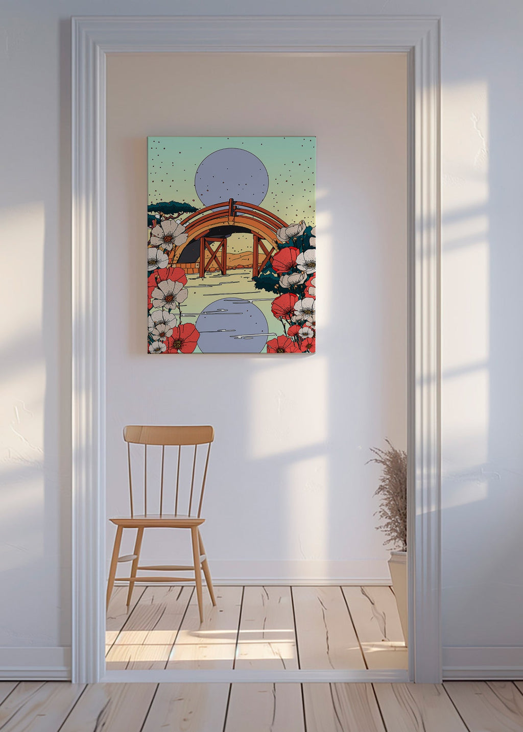 Japonská krajina s mostem a květinami – Canvas