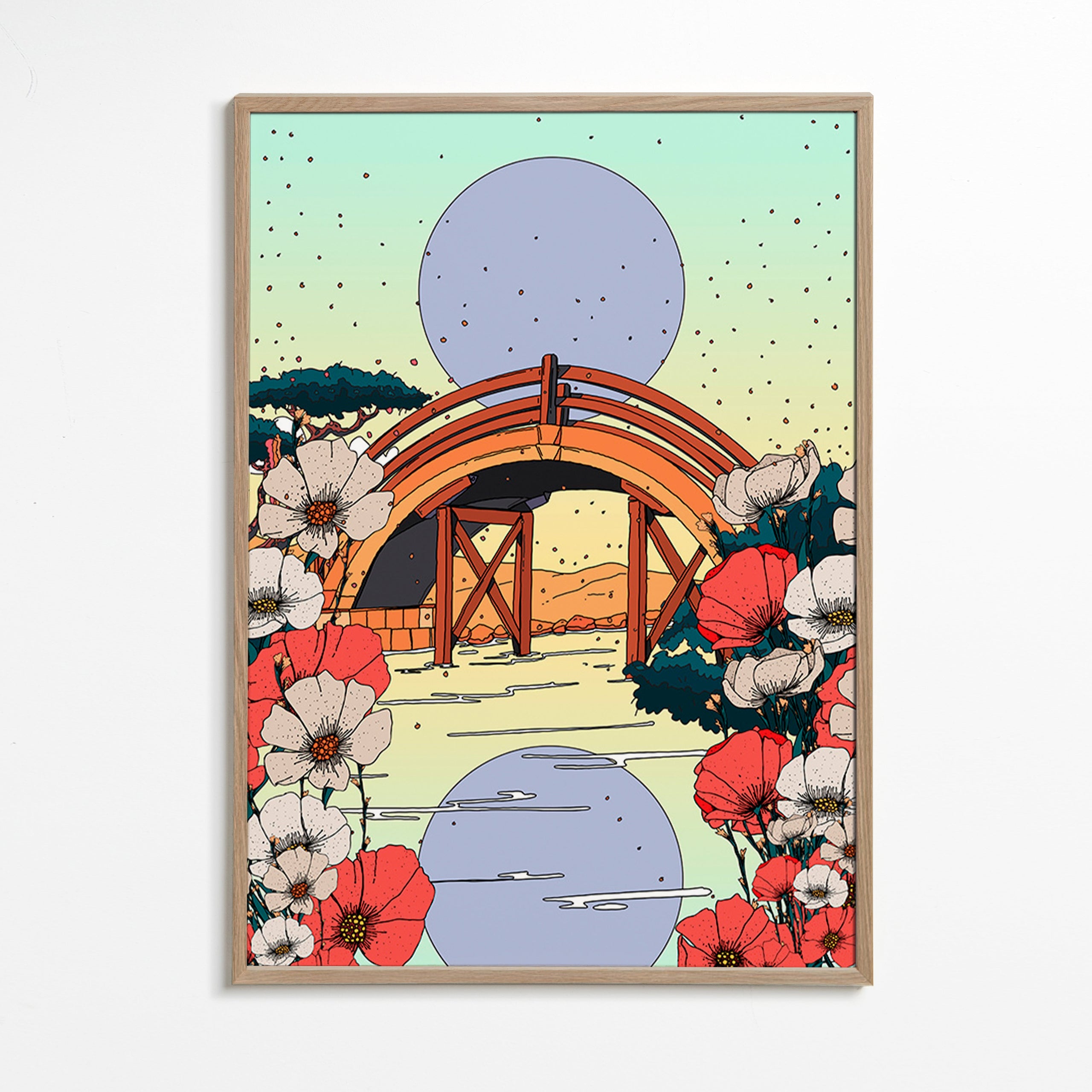 Japonská krajina s mostem a květinami – Oak Frame