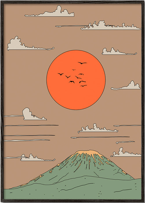 Japonská ilustrace se svítáním nad stylizovanou horou – Black Frame