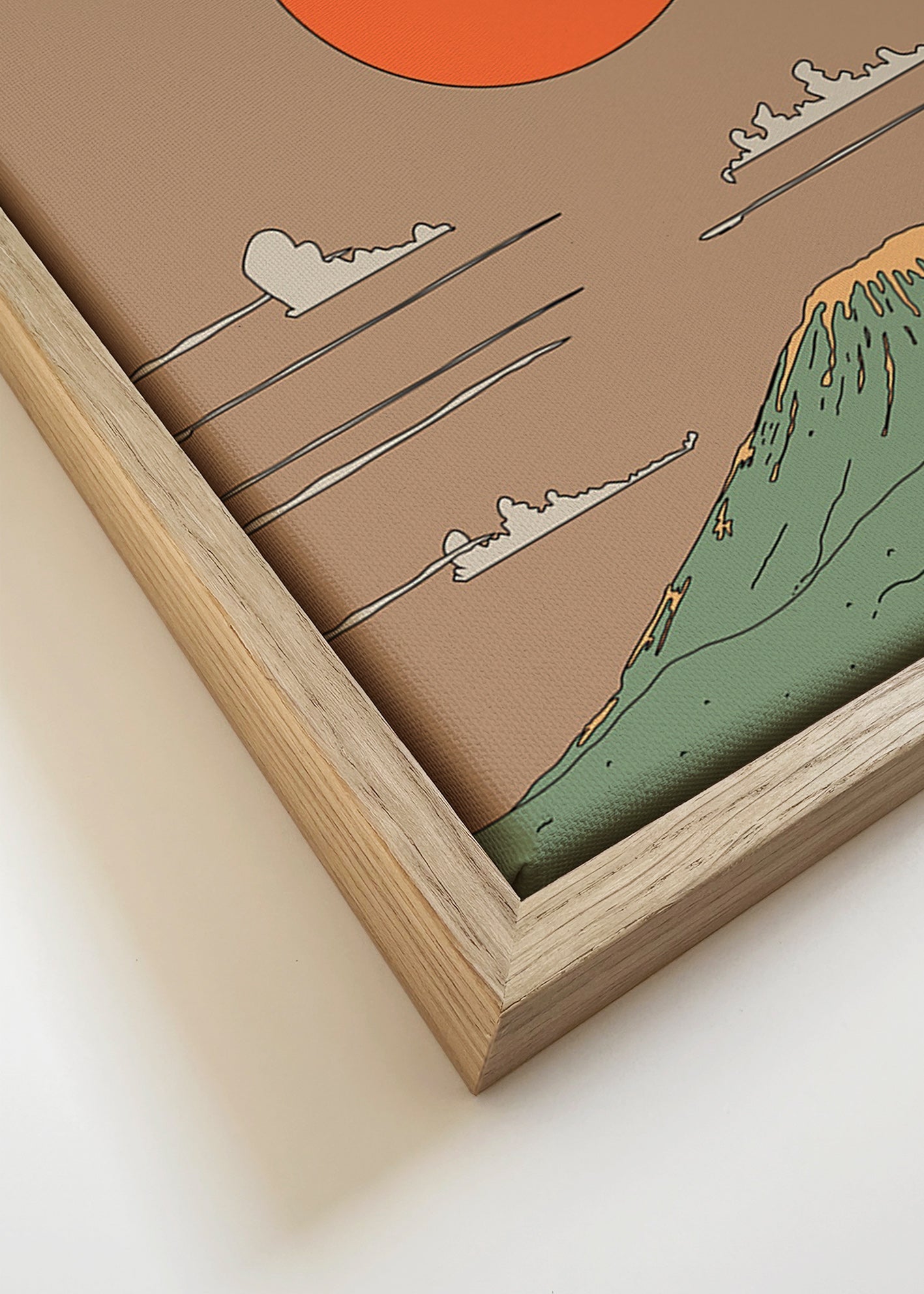 Japonská ilustrace se svítáním nad stylizovanou horou – Canvas detail