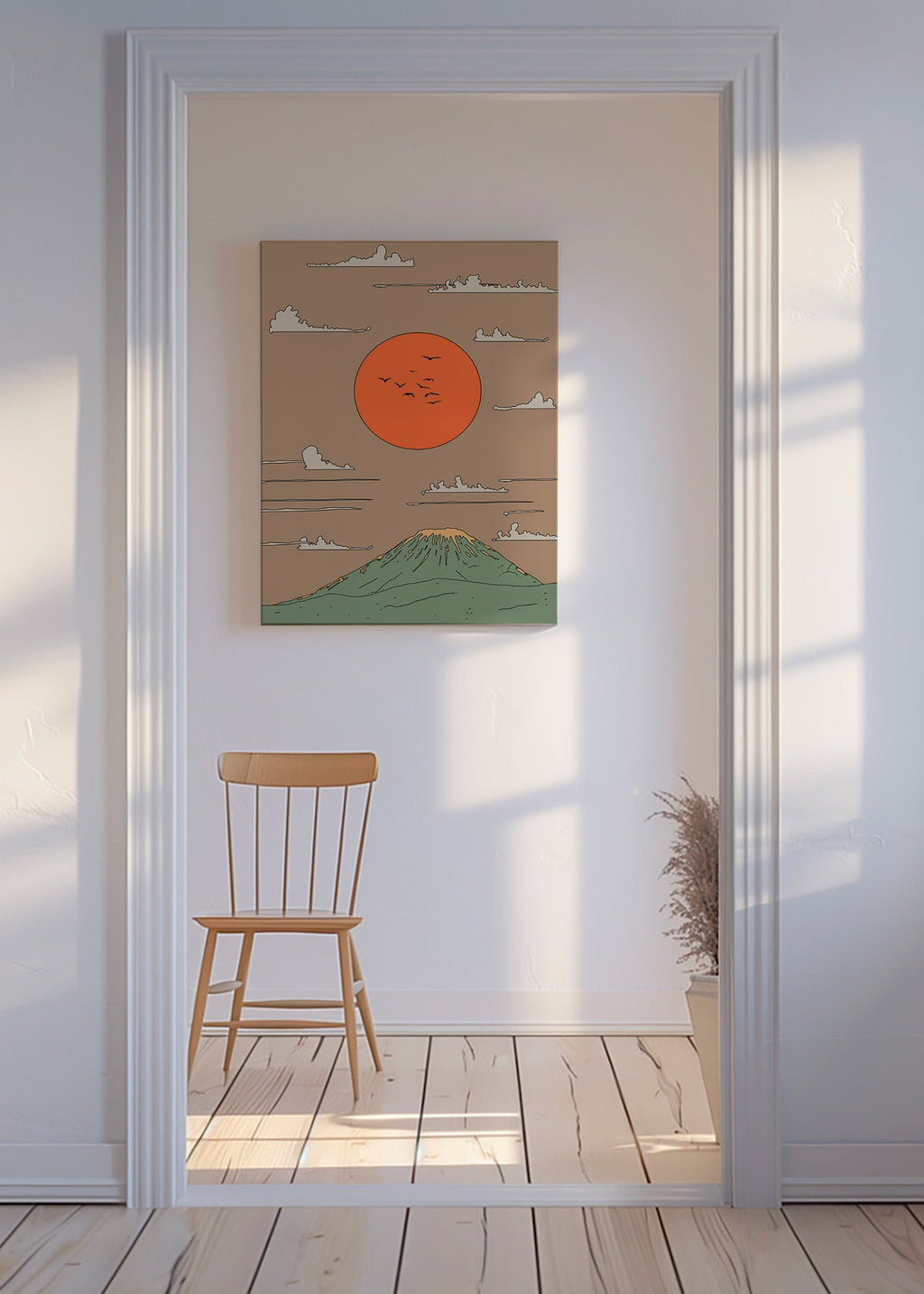 Japonská ilustrace se svítáním nad stylizovanou horou – Canvas