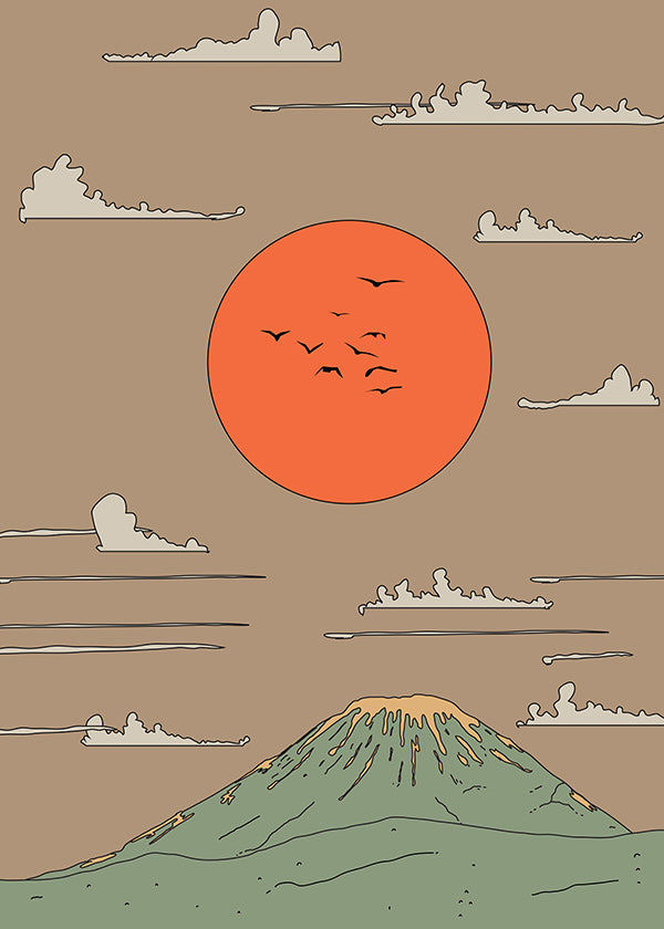Japonská ilustrace se svítáním nad stylizovanou horou