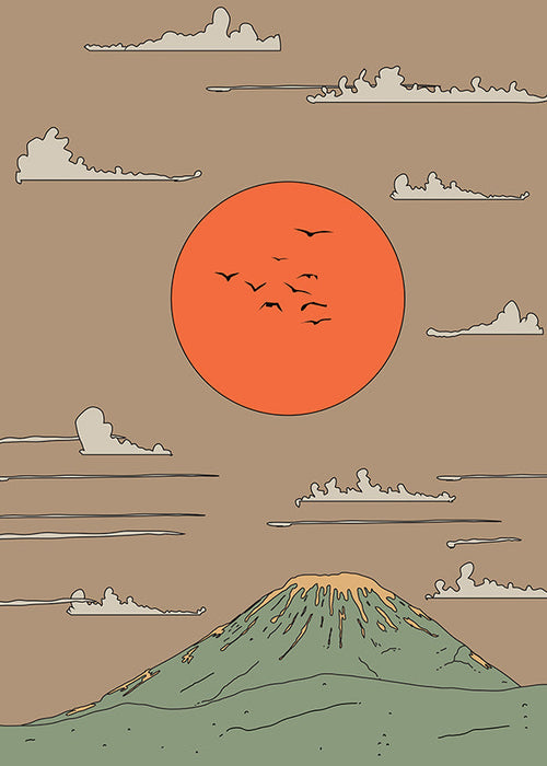 Japonská ilustrace se svítáním nad stylizovanou horou