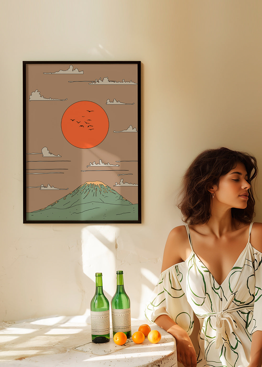 Japonská ilustrace se svítáním nad stylizovanou horou – Product1