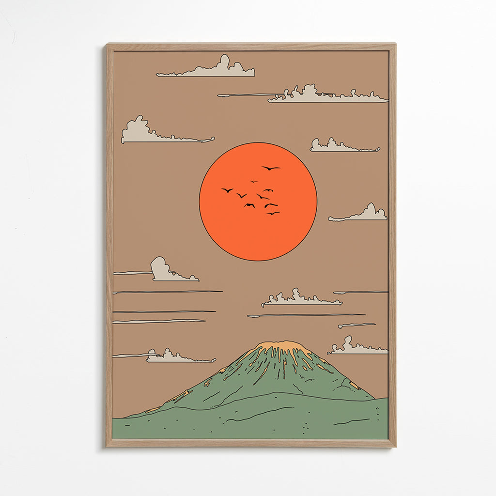 Japonská ilustrace se svítáním nad stylizovanou horou – Oak Frame