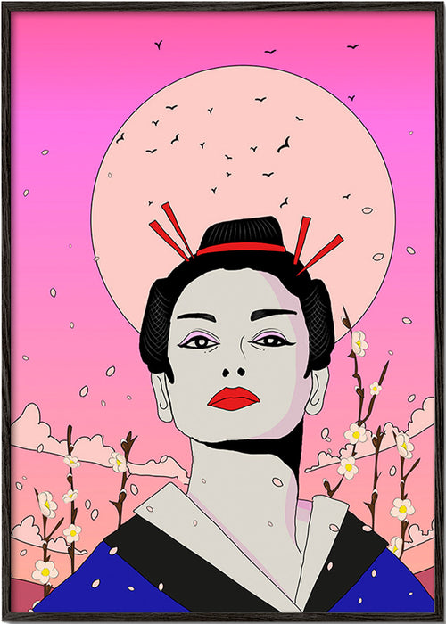Ilustrace japonské gejši s růžovým měsícem – Black Frame