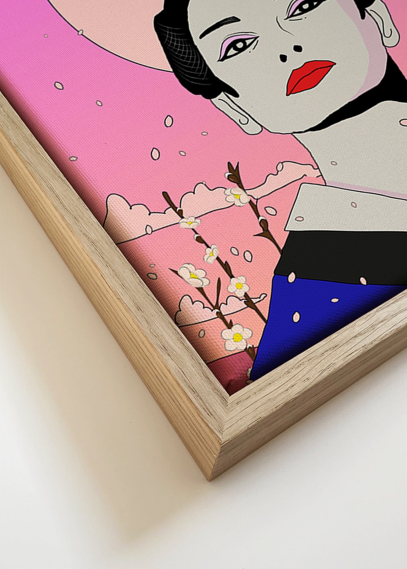 Ilustrace japonské gejši s růžovým měsícem – Canvas detail