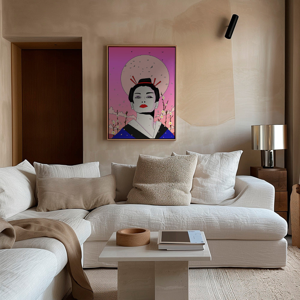 Ilustrace japonské gejši s růžovým měsícem – Canvas1