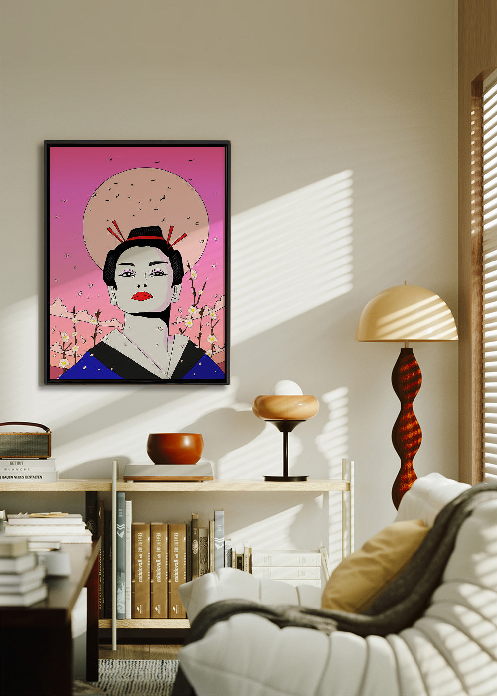 Ilustrace japonské gejši s růžovým měsícem – Canvas2
