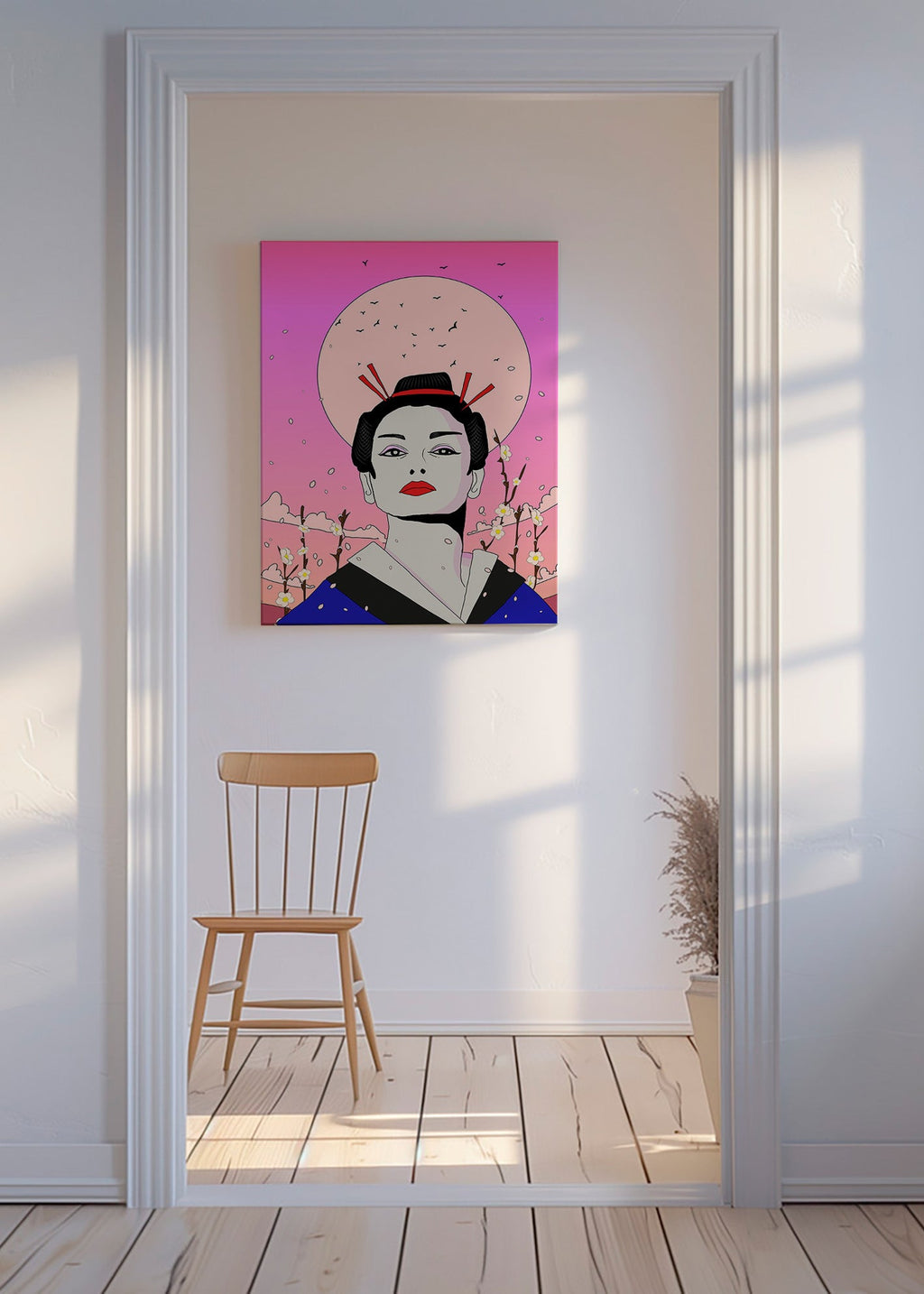 Ilustrace japonské gejši s růžovým měsícem – Canvas