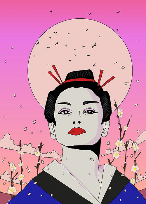 Ilustrace japonské gejši s růžovým měsícem