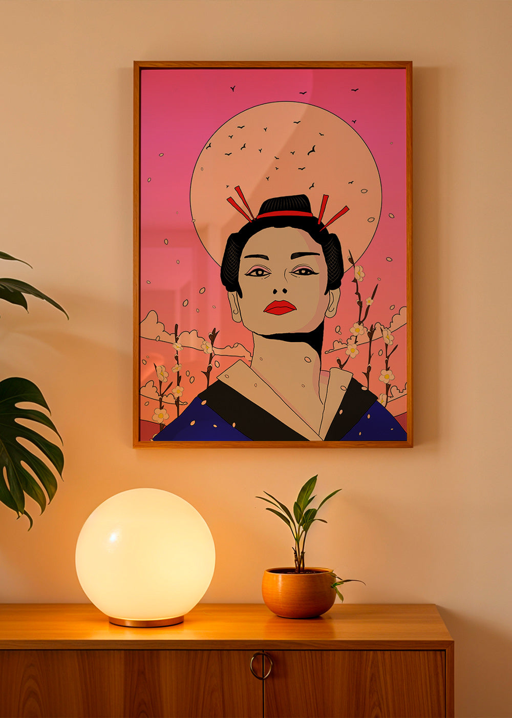 Ilustrace japonské gejši s růžovým měsícem – Product1