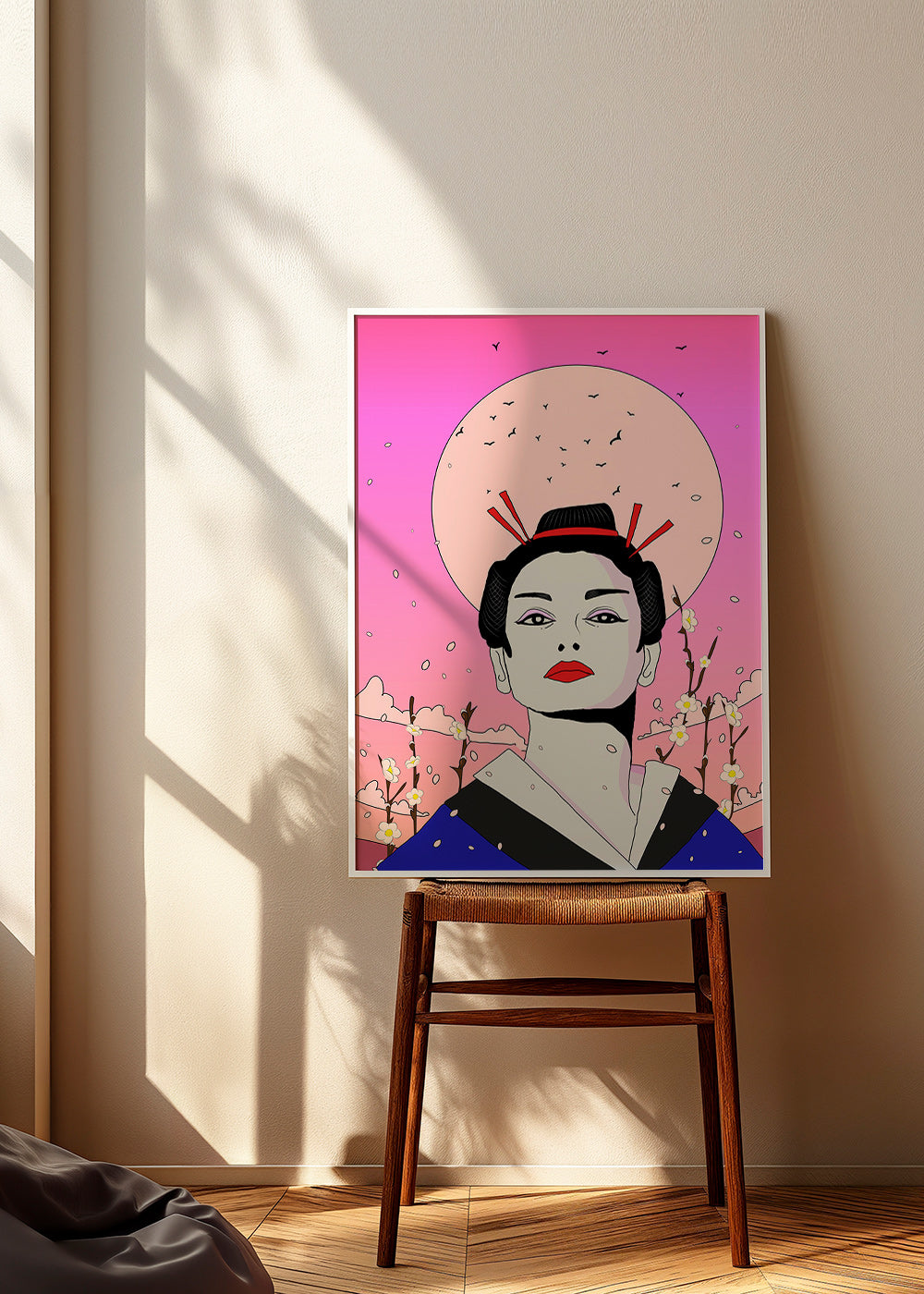 Ilustrace japonské gejši s růžovým měsícem – Product2