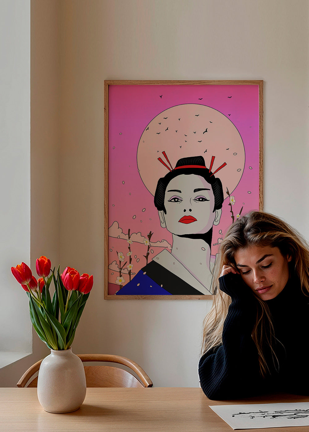 Ilustrace japonské gejši s růžovým měsícem – Product3