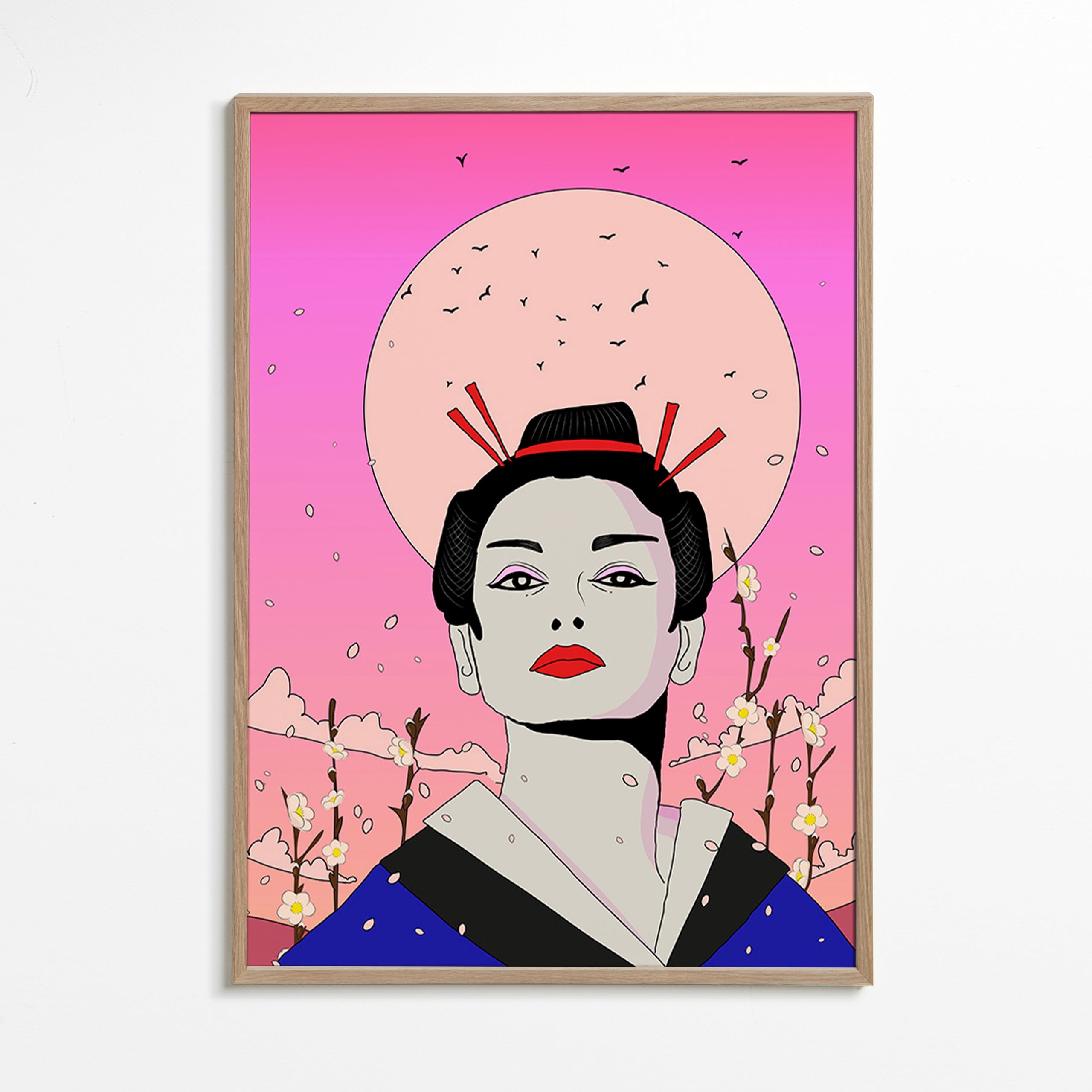 Ilustrace japonské gejši s růžovým měsícem – Oak Frame