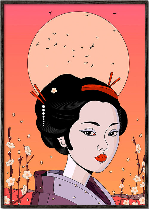 Ilustrace gejši při korálovém západu – Black Frame