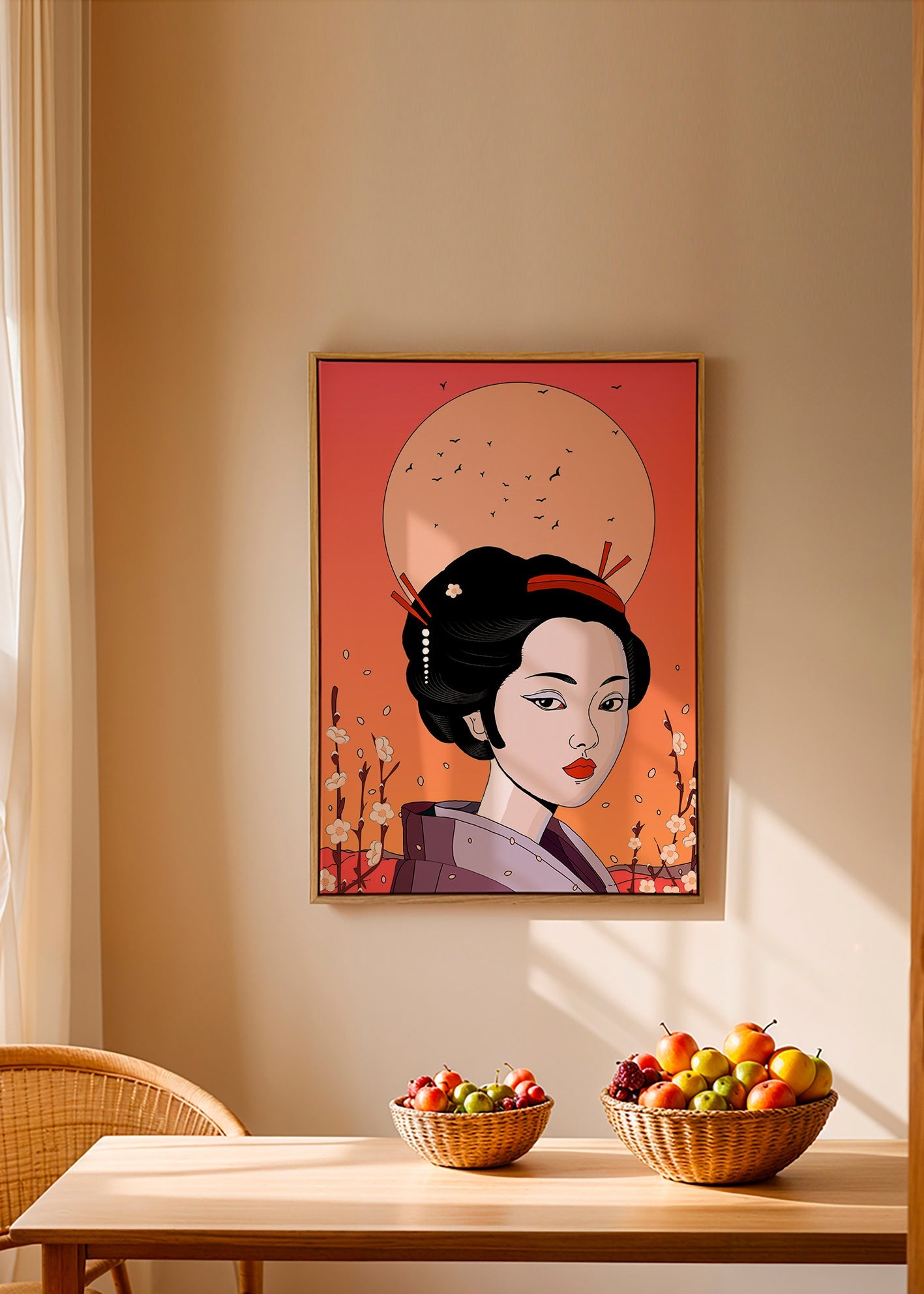 Ilustrace gejši při korálovém západu – Canvas1