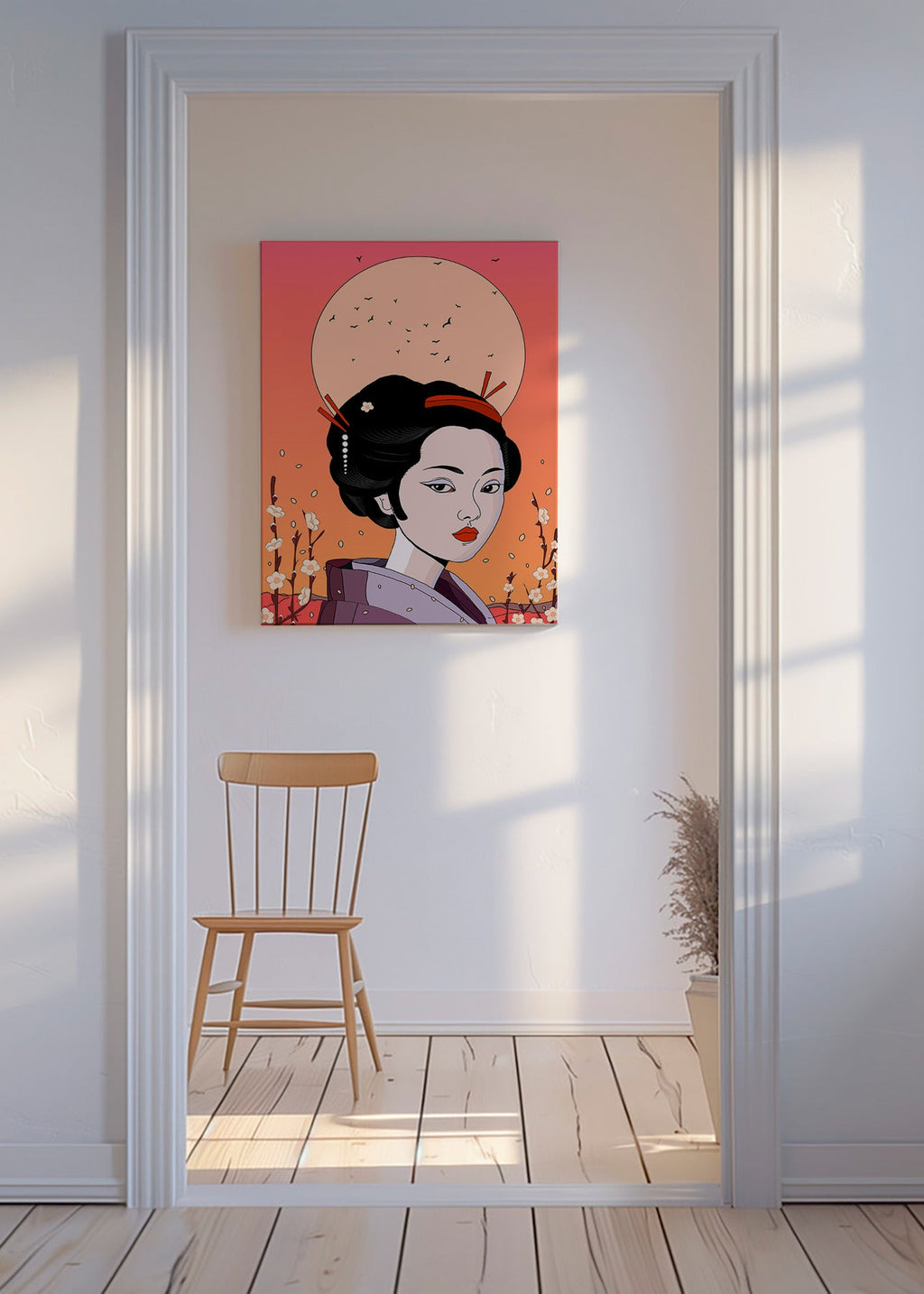 Ilustrace gejši při korálovém západu – Canvas
