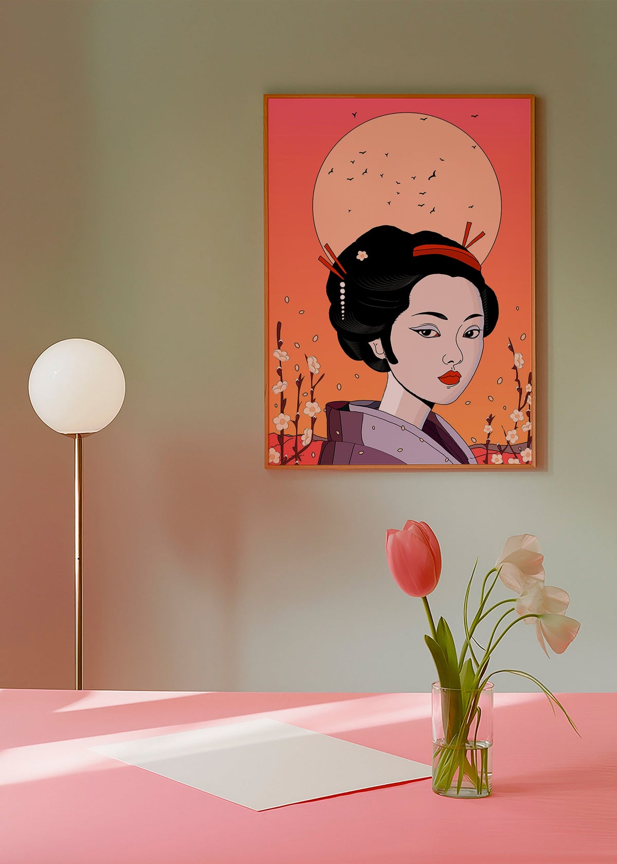 Ilustrace gejši při korálovém západu – Product1