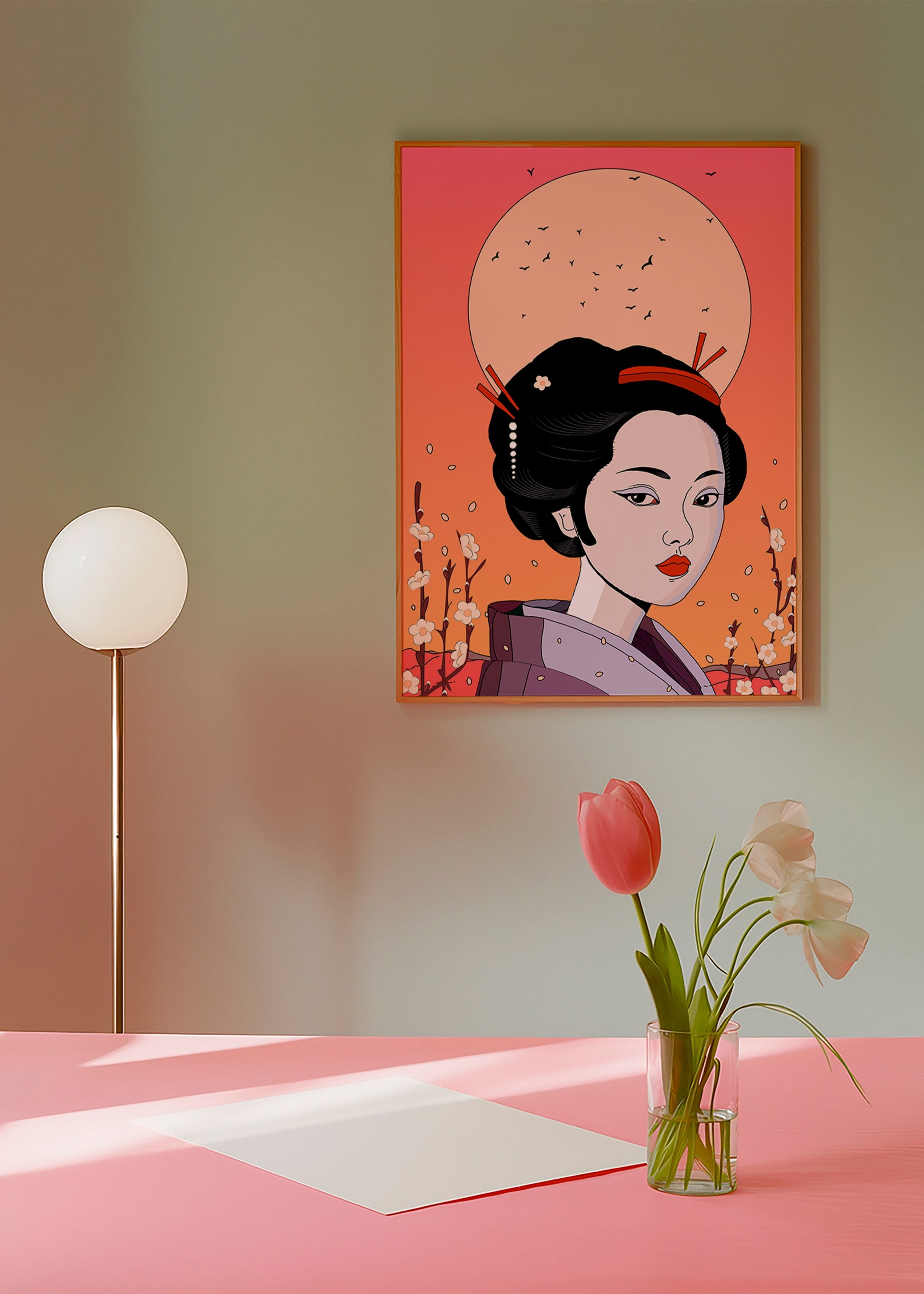 Ilustrace gejši při korálovém západu – Product1