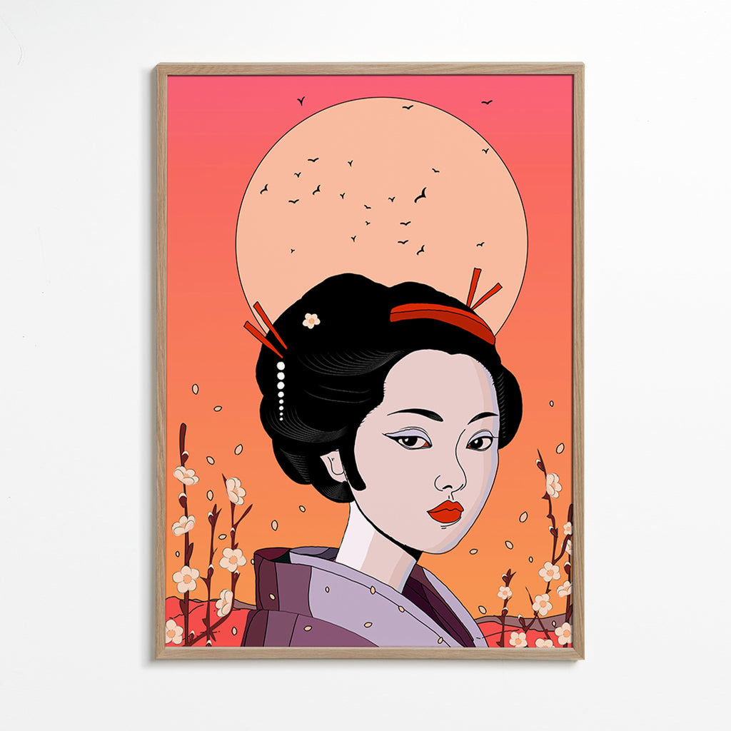 Ilustrace gejši při korálovém západu – Oak Frame